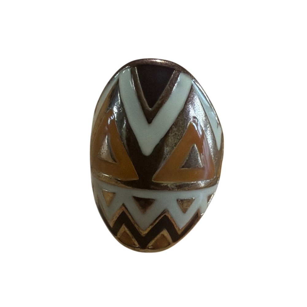 Vintage Style Tribal Geometric Enamel Stretch Cocktail Ring Gold Tone Earthy